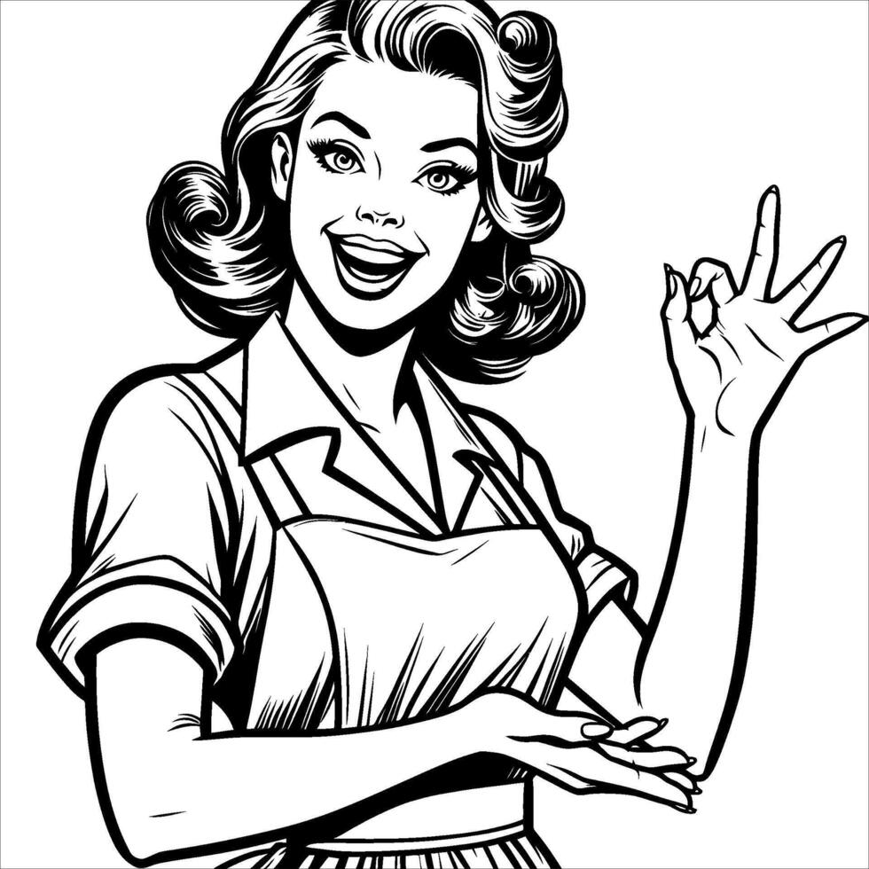 Clean Line Art of Retro 1940s Woman with Relaxed Fingers and Raised Hand vector