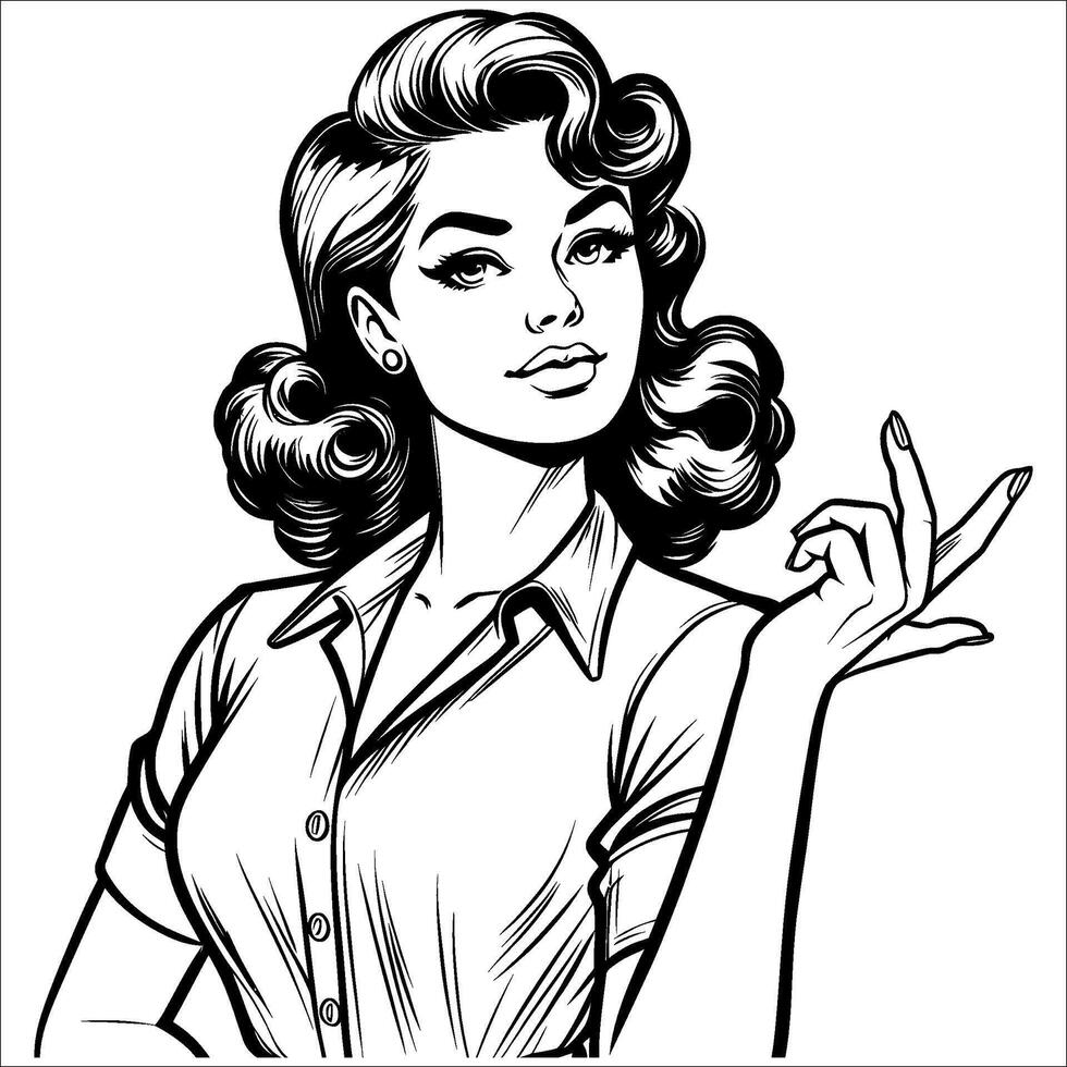 1940s Vintage Woman with Curled Fingers and Raised Hand in Simple Line Art vector
