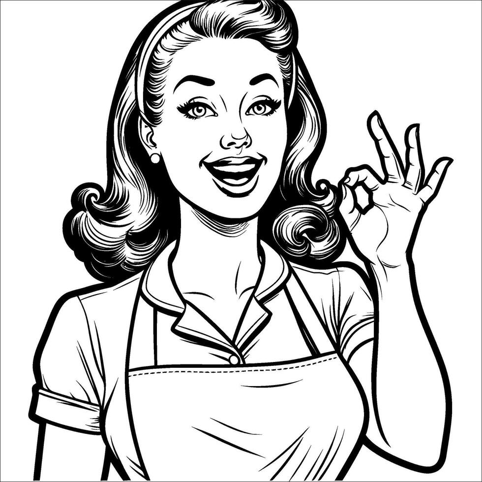 Black and White Line Art of 1940s Woman with Loosely Curled Raised Hand vector