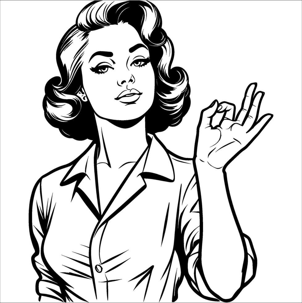 Black and White Retro Line Art of 1940s Woman with Hand Raised Fingers Loosely Curled vector