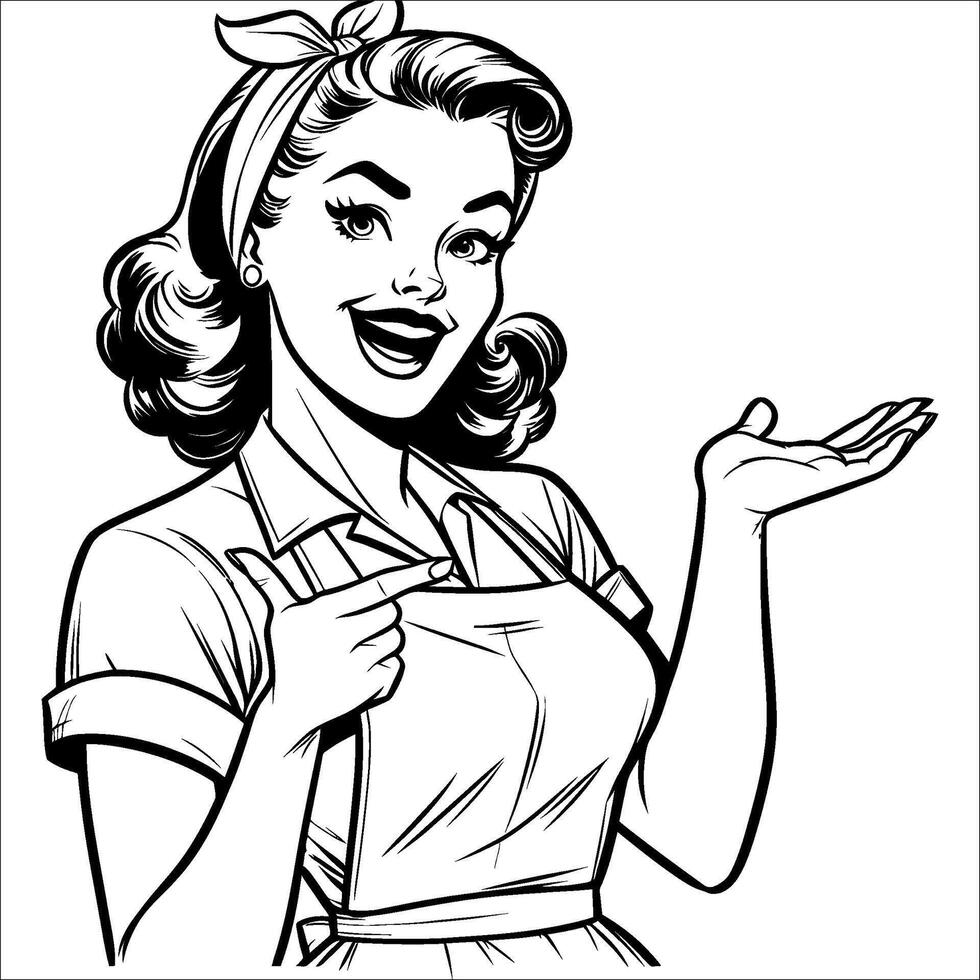 1940s Vintage Woman with Elegant Raised Hand in Clean Black and White Line Art vector