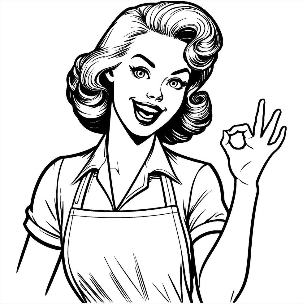 Monochrome Line Art of Vintage 1940s Style Woman with Hand Raised Fingers Curled vector