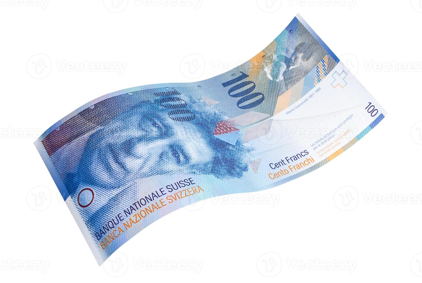 Curved banknote of the hundred Swiss francs on white background photo