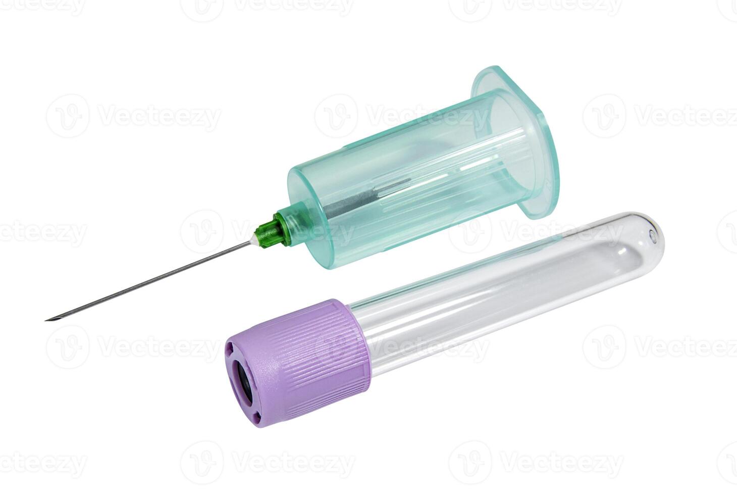 Vacutainer for blood collection with vacuum test tube on white background. Medicine and health care photo