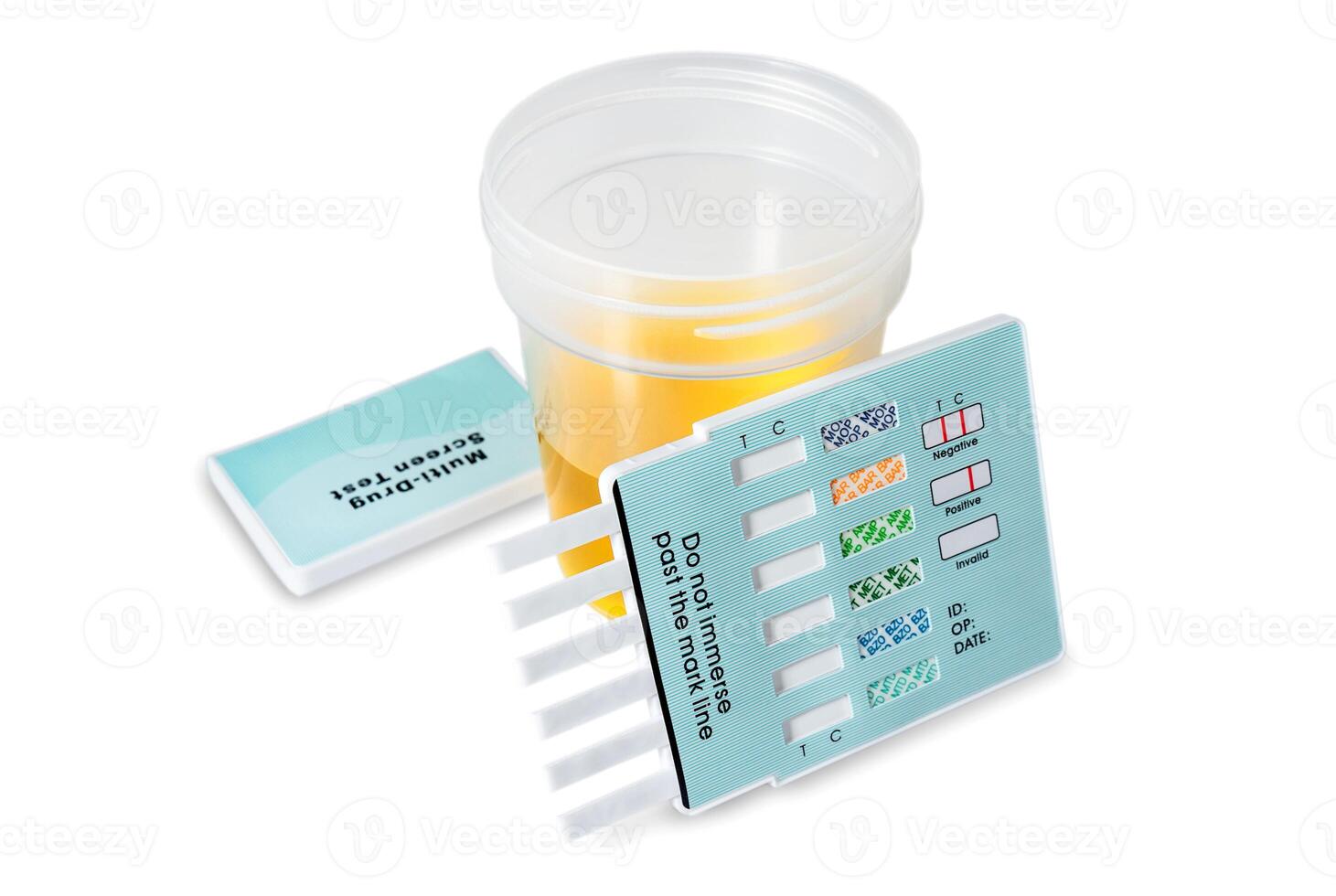 Urine multi-drug test panel on white background. Rapid drug of abuse test kit. Healthcare and medical tests photo