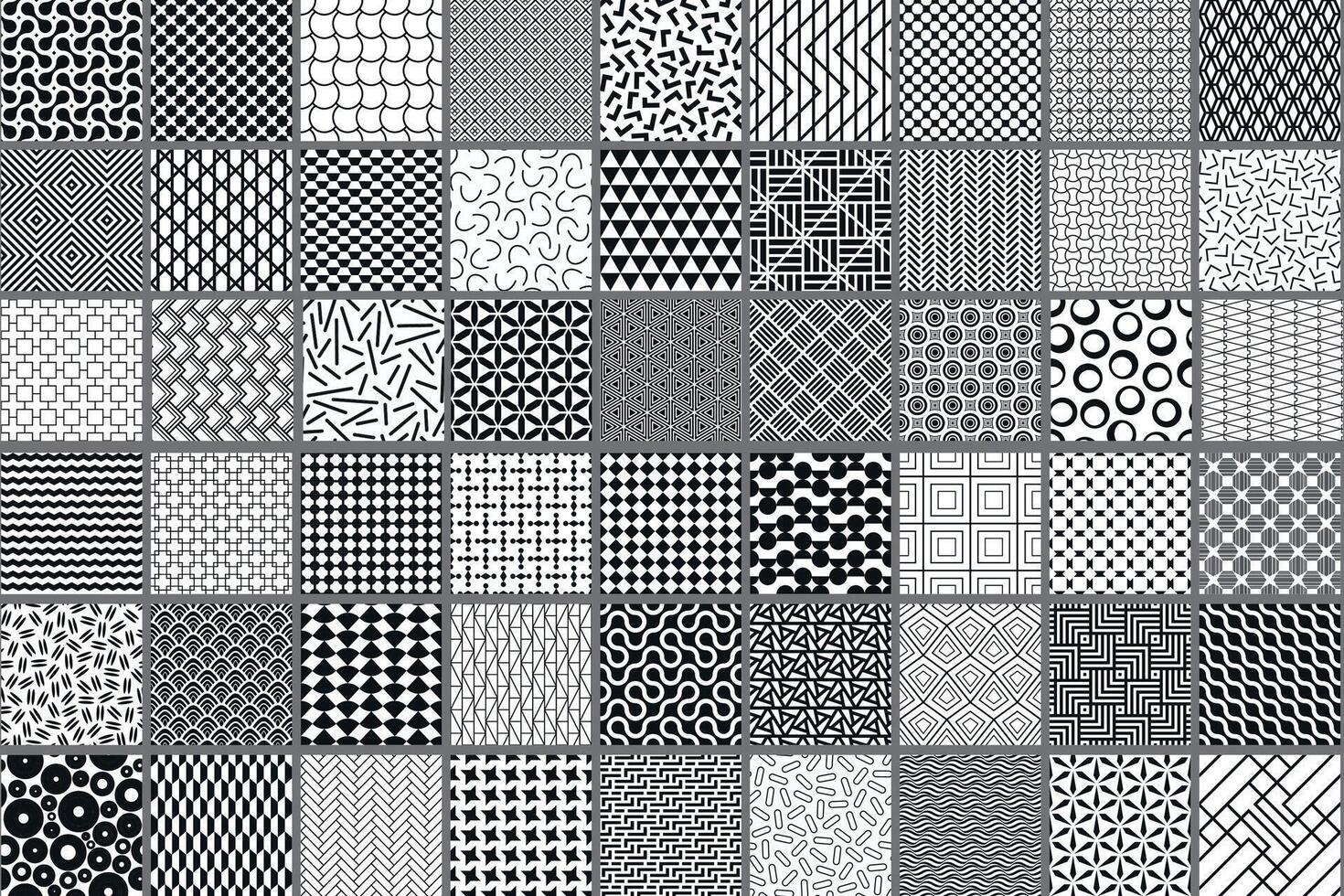 Collection of seamless geometric ornament patterns in different styles. Monochrome repeatable backgrounds. Endless black and white prints, textile textures vector