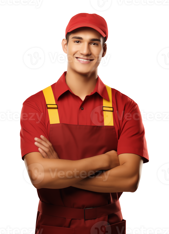Happy Male Fast Food Worker Wearing Red Apron and Red Shirt Isolated on Transparent Background png