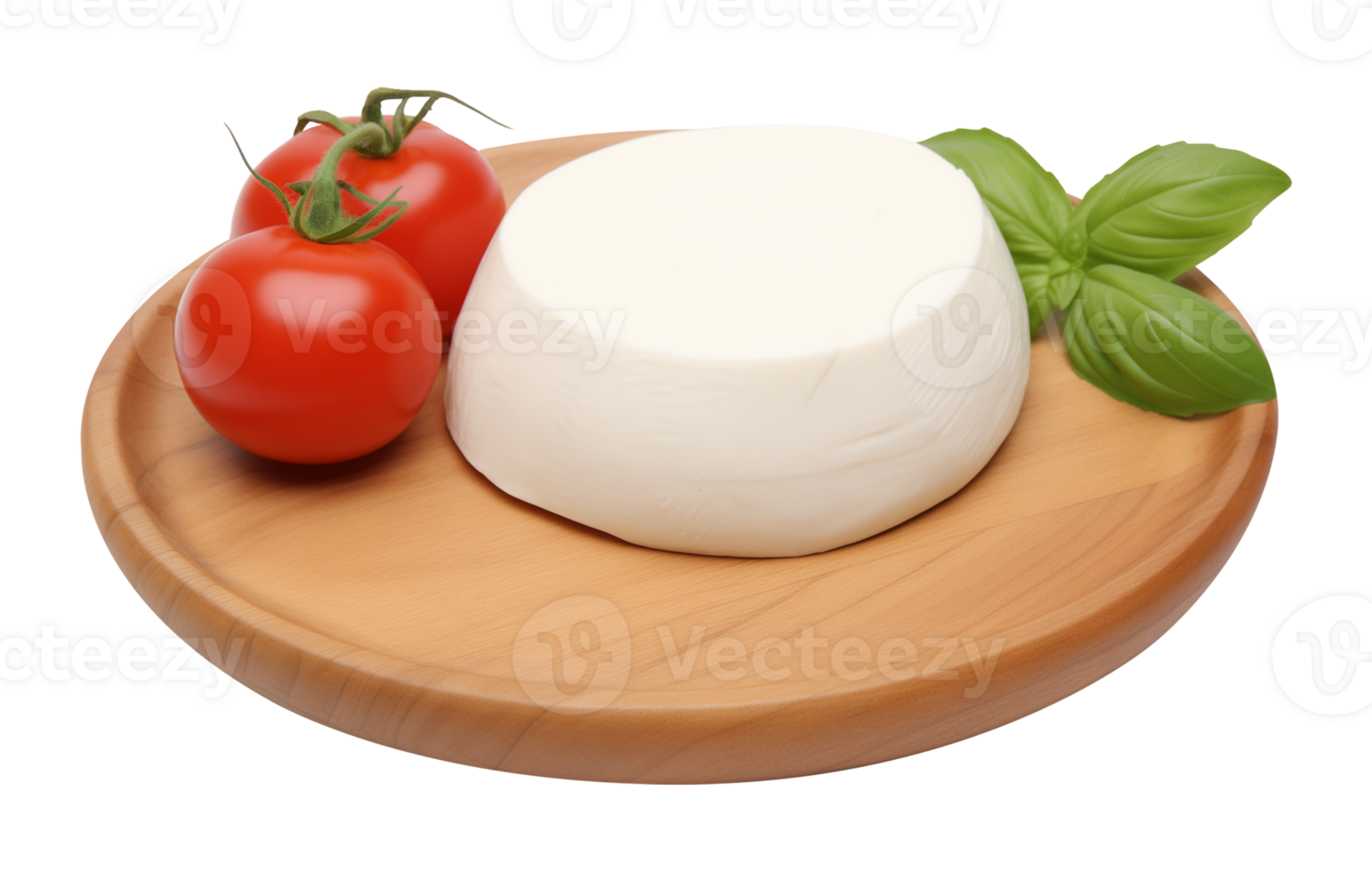 Homemade Fresh Mozzarella Cheese and Tomatoes on Wooden Plate Isolated on Transparent Background png