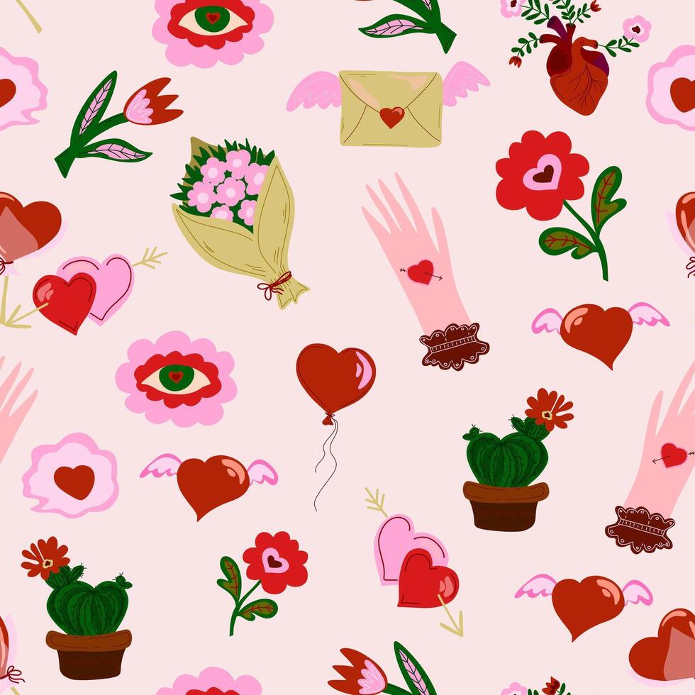 a pattern with hearts, flowers and cactus vector