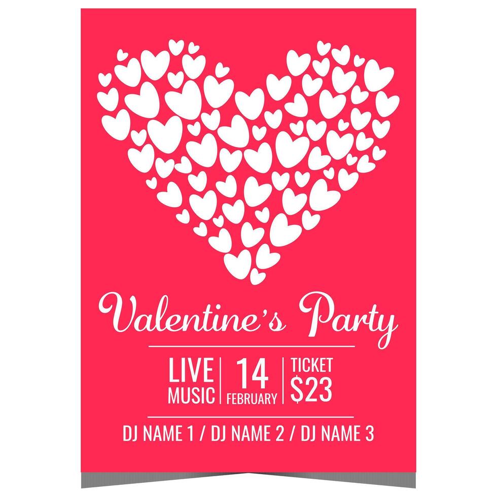 Valentine's party invitation banner or poster decorated with cute white hearts on a delicate red background. Leaflet or flyer for disco dance event to celebrate the Saint Valentine Day on February 14. vector