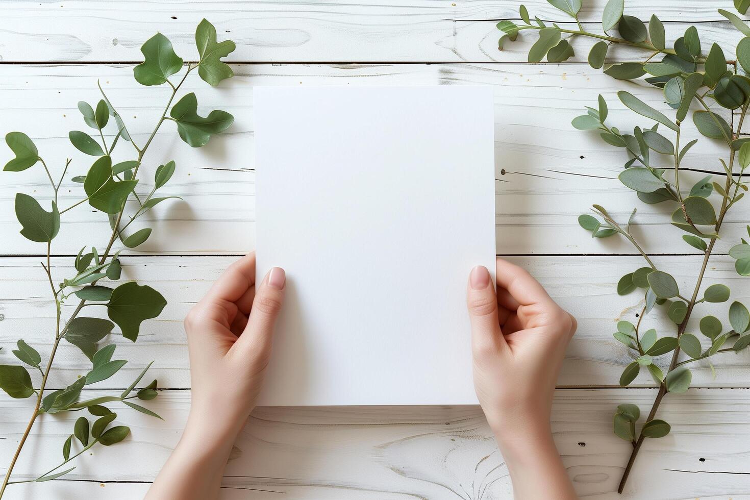 A5 blank paper mockup in hands invitation greeting card photo