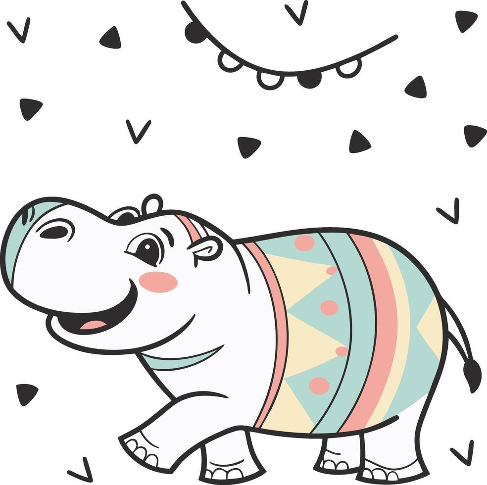 Happy Hippo in Festive Pattern vector