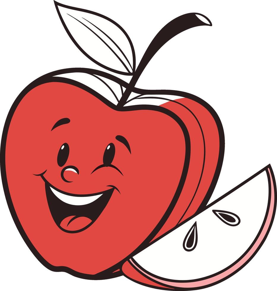 A cheerful red apple with a big smile and a slice beside it vector