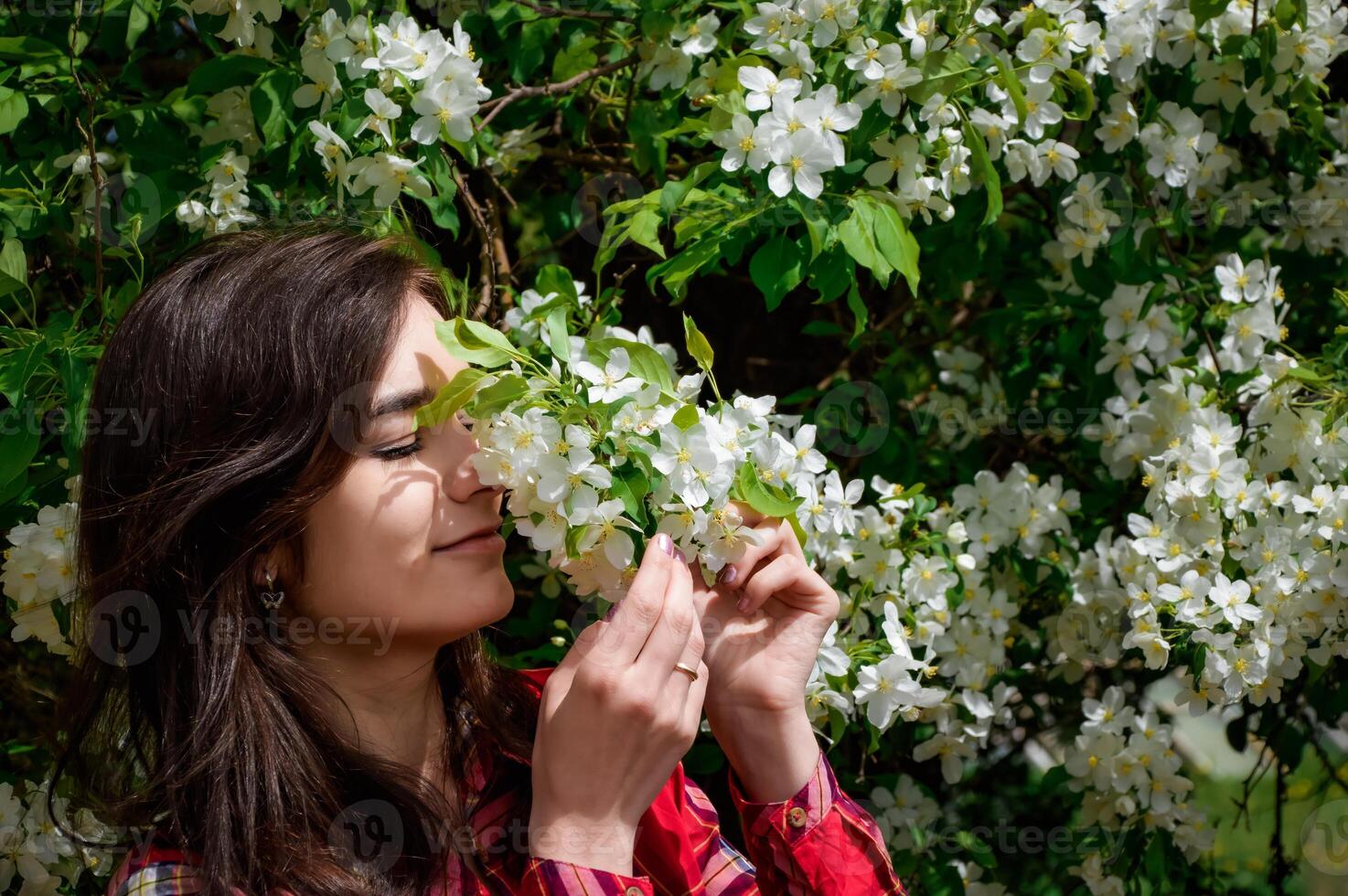 Russian brunette woman enjoying the scent of blooming apple tree blossoms on a spring day. The scene highlights her natural beauty and the freshness of spring photo