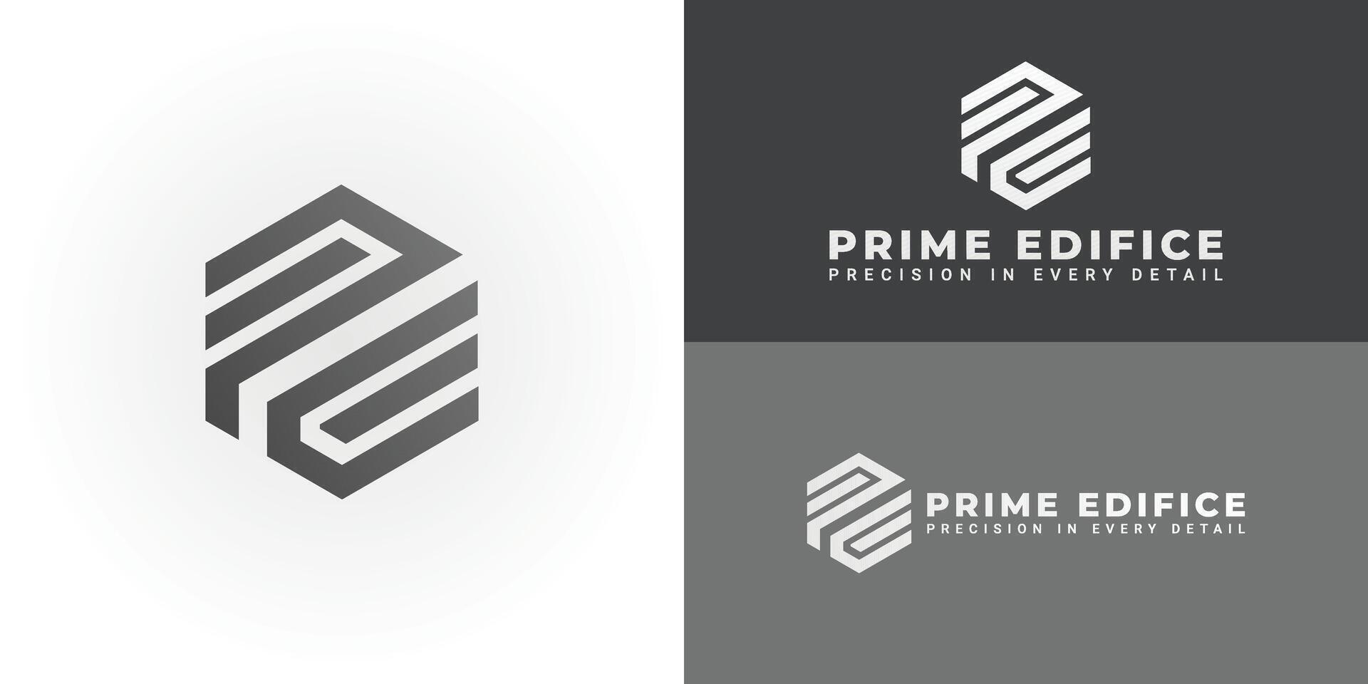 The dynamic logo design features the initials PE creatively integrated within a striking hexagonal shape, creating a unique and visually striking symbol that evokes a sense of structure and precision vector