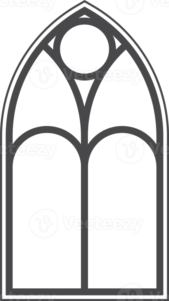 Gothic church window. Cathedral stained glass arch. Element of catholic medieval architecture. Old vintage frame silhouette. png