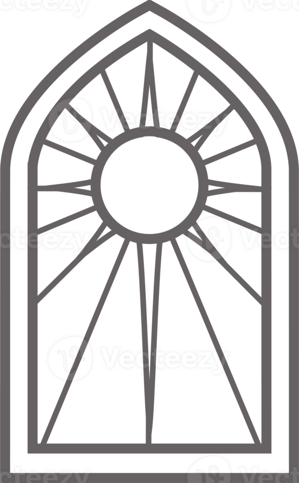 Church glass window. Stained mosaic catholic and Christian frame with sun. Gothic outline arch. png