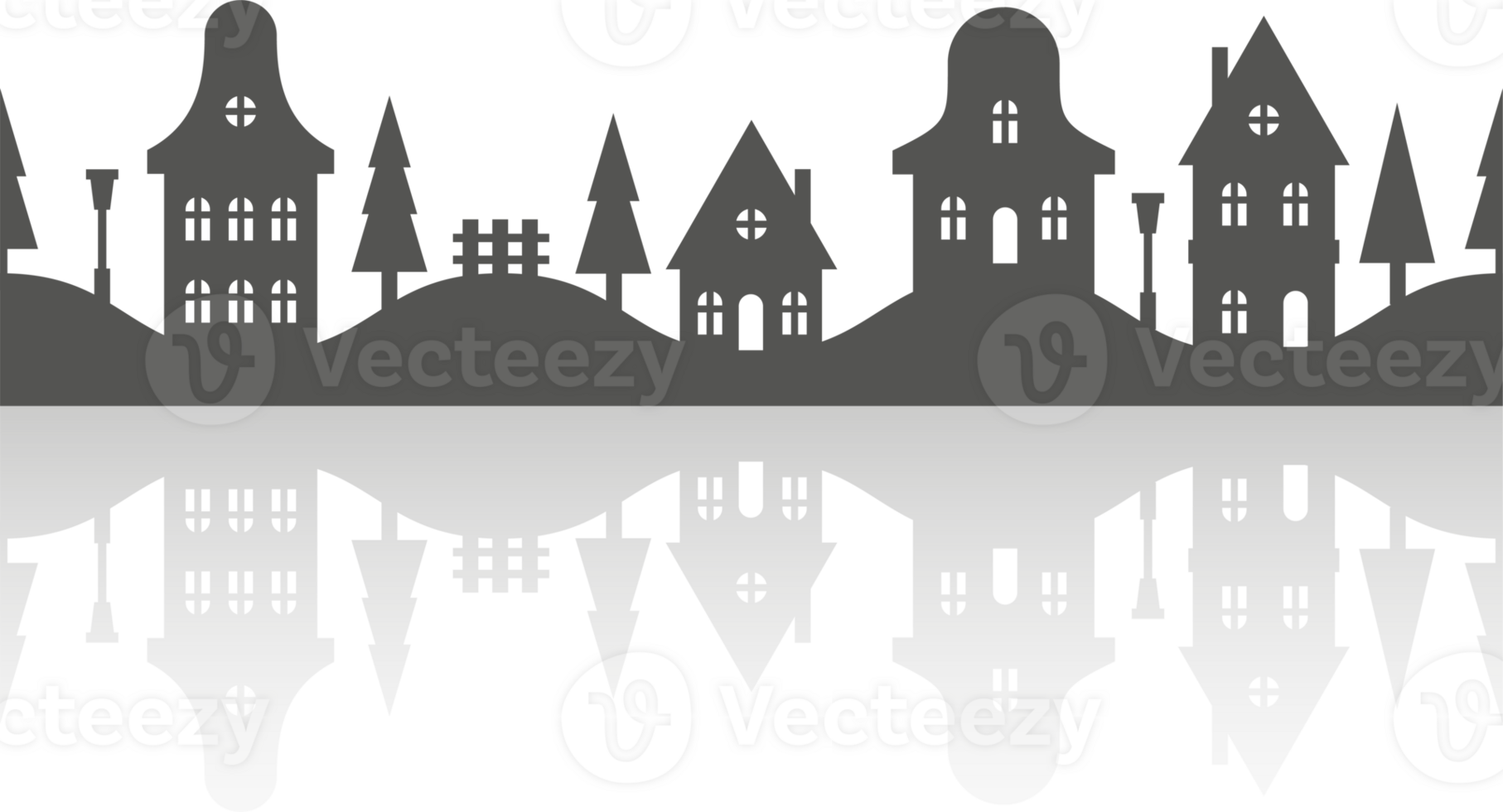 Silhouette of neighborhood houses. Small homes and buildings on skyline. Christmas town and village. Row of cottages on the street with fir trees and shadow. Seamless border png