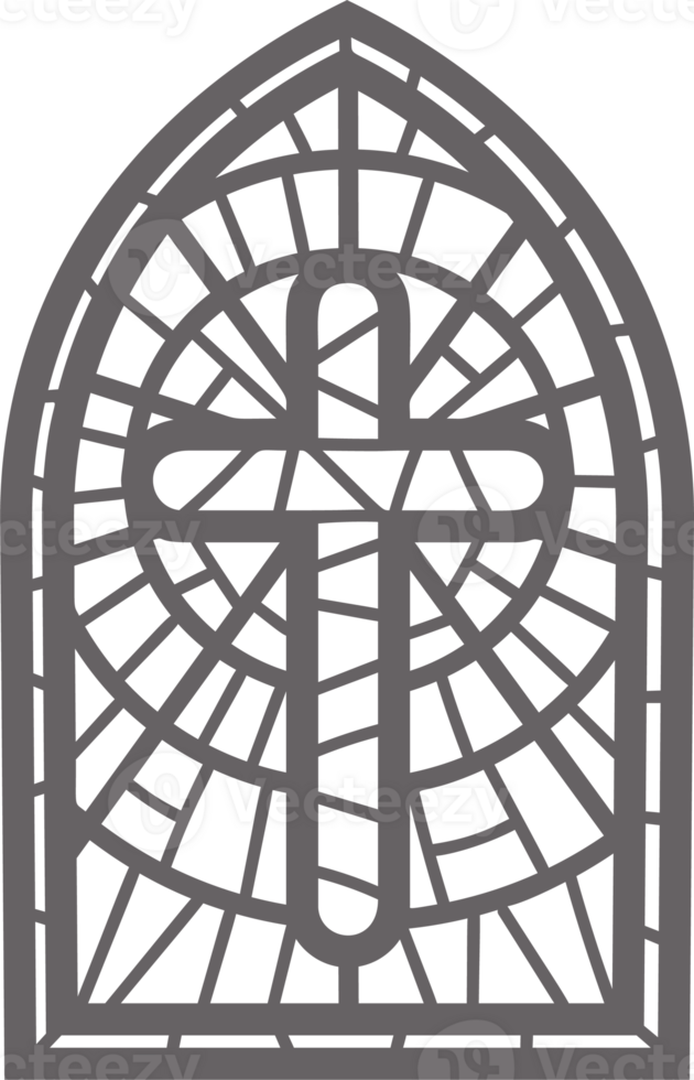 Church glass window. Stained mosaic catholic frame with religious symbol cross. Outline illustration. png