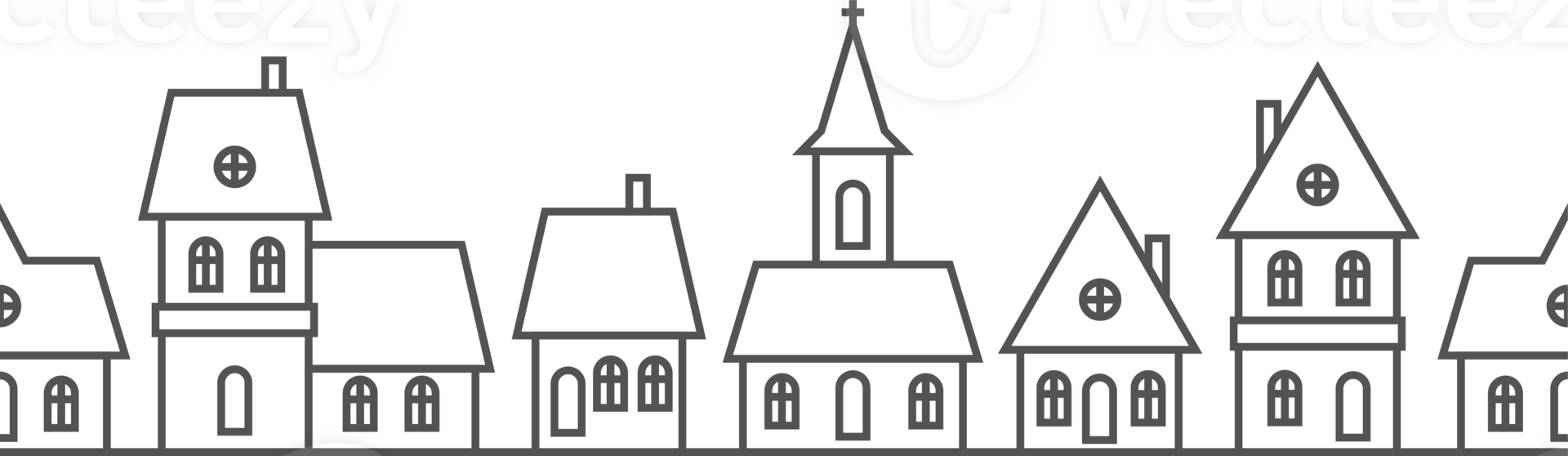 Christmas winter houses. Outline silhouette of neighborhood. Seamless border with skyline of cute buildings church and fur trees. Horizontal panorama with row cozy homes. png