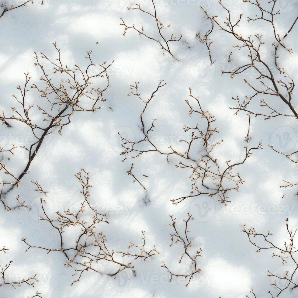 Top view photo of snow with tiny twigs scattered naturally, seamless texture