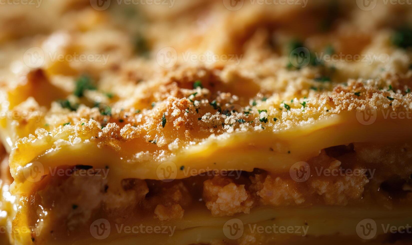 A large lasagna with cheese and herbs on top photo