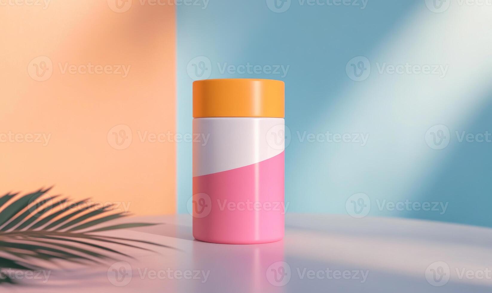 A pink and orange container with a white stripe sits on a table photo