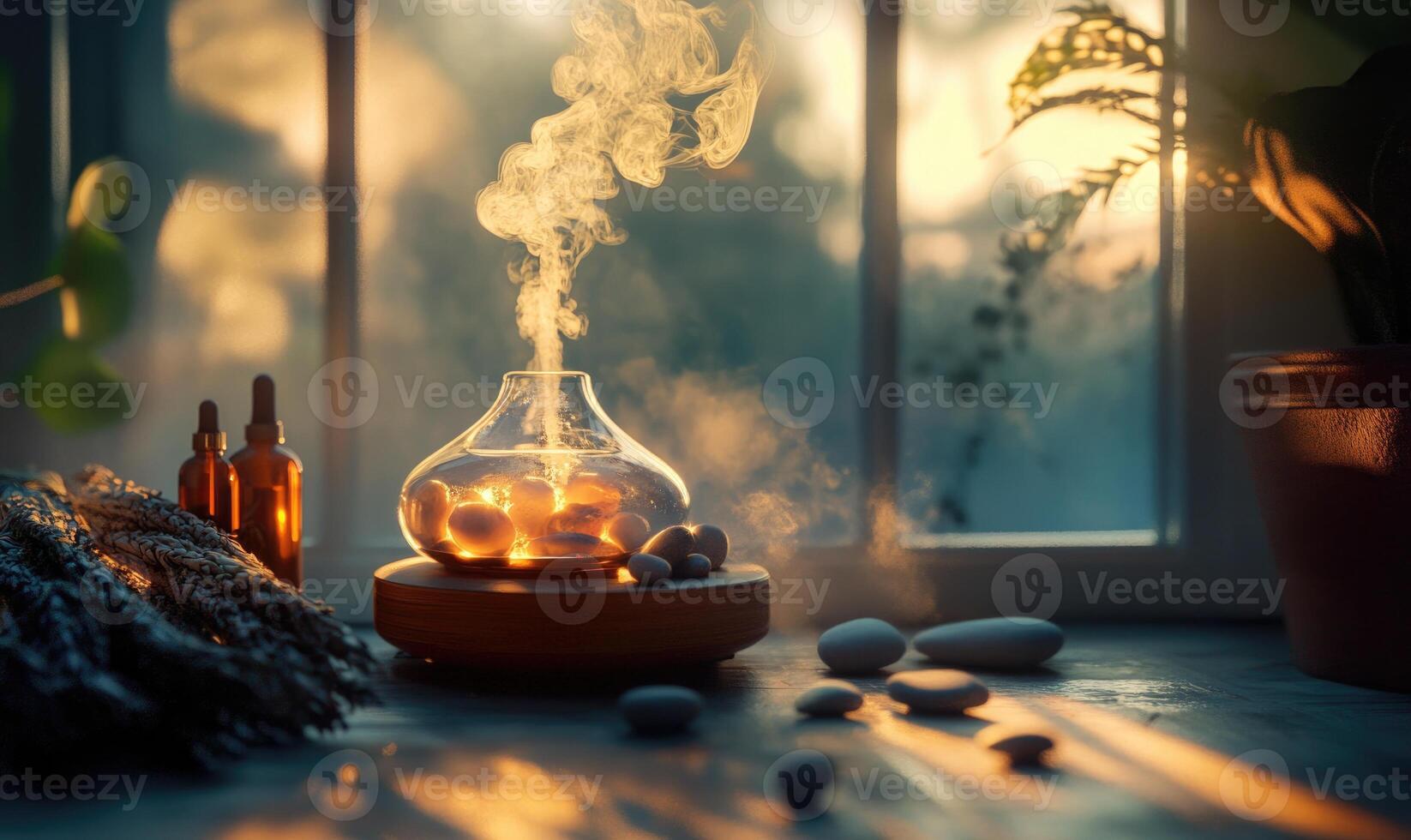 A small vase with a candle in it is on a table photo