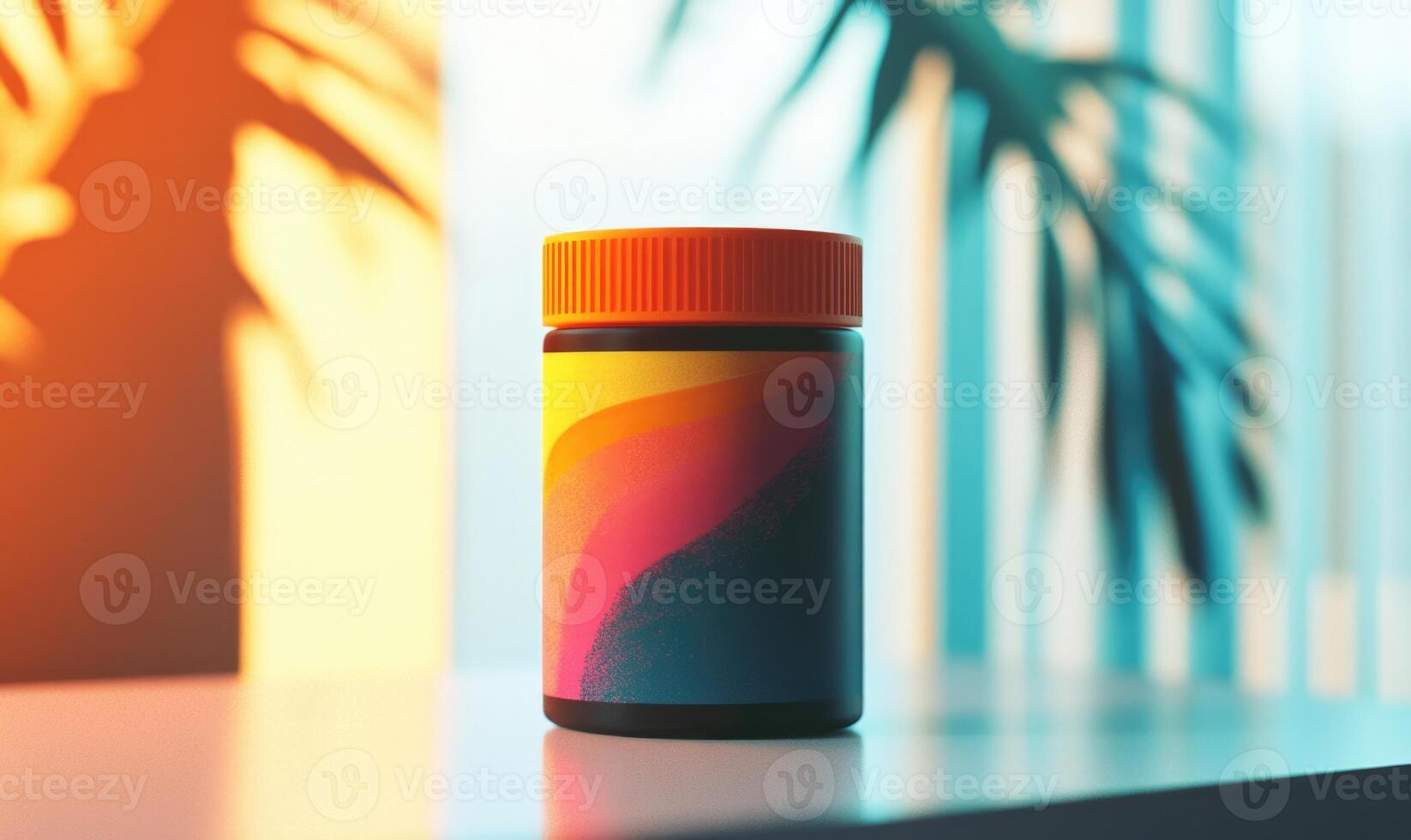 A jar of multicolored paint is sitting on a table photo