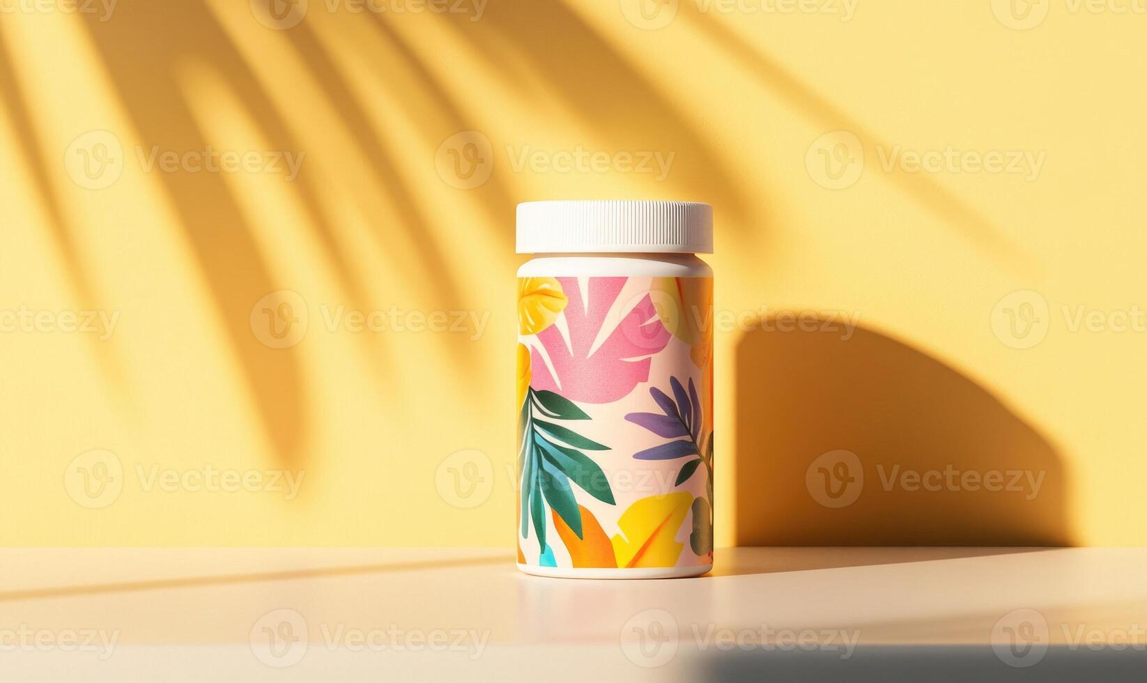 A jar with a floral design sits on a table photo