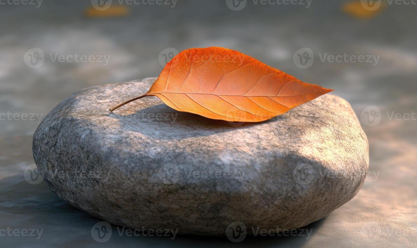 A leaf is laying on a rock photo
