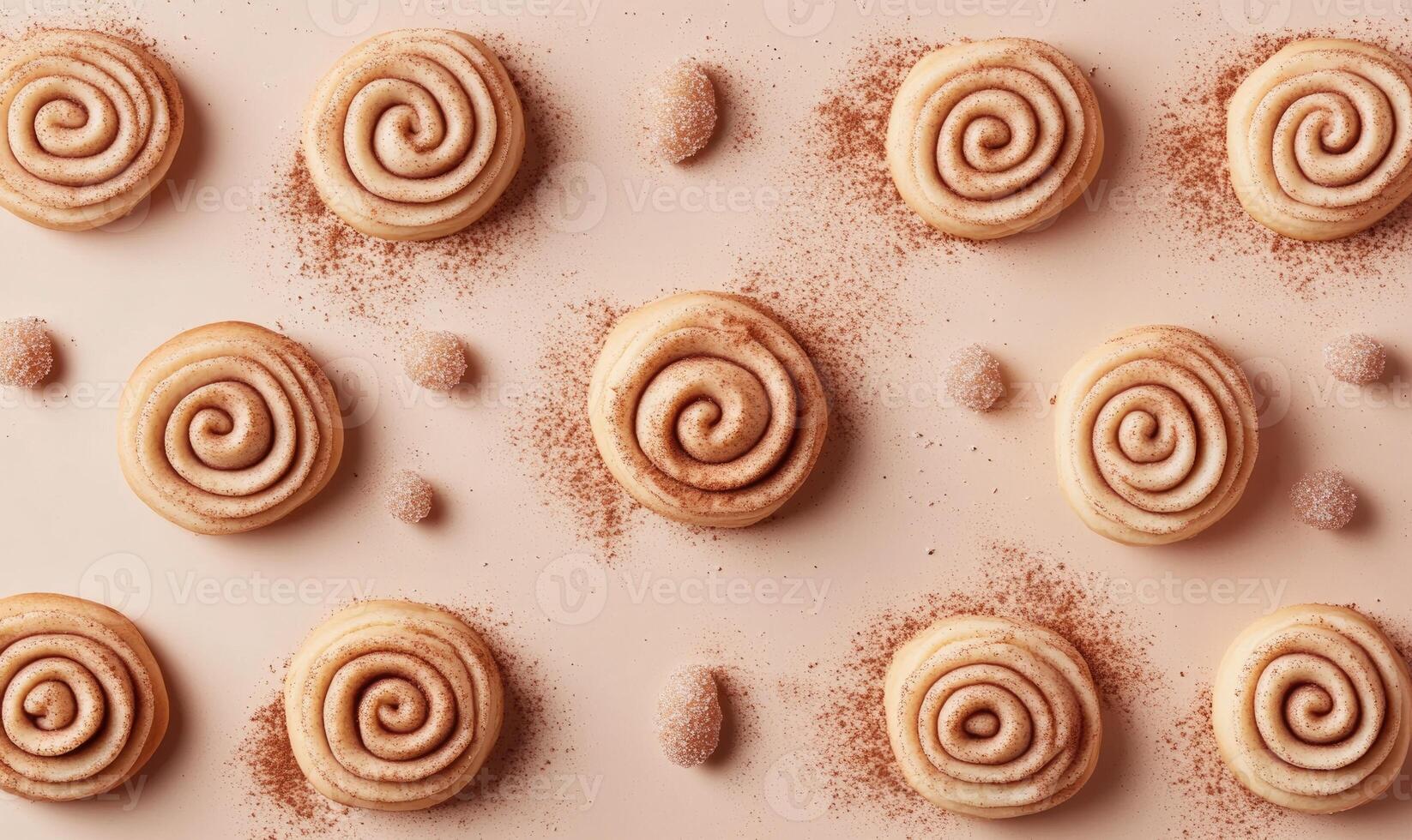 A row of cinnamon rolls with powdered sugar sprinkled on top photo