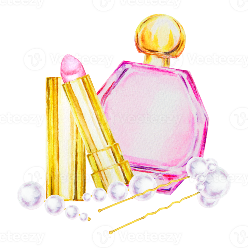 Watercolor illustration of a pink perfume bottle, golden lipstick, pearl hairpins and beads. Ideal for weddings, beauty ads, Valentine s or Mother s Day. A feminine artwork for cosmetics, branding png