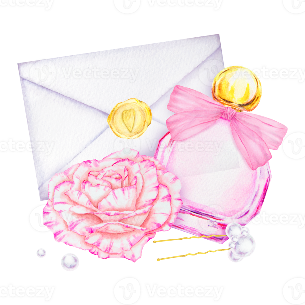 Watercolor composition of a pink perfume bottle with a ribbon, a blooming rose, pearls, a golden wax seal, and an envelope. Elegant and romantic illustration for Valentine and wedding designs png