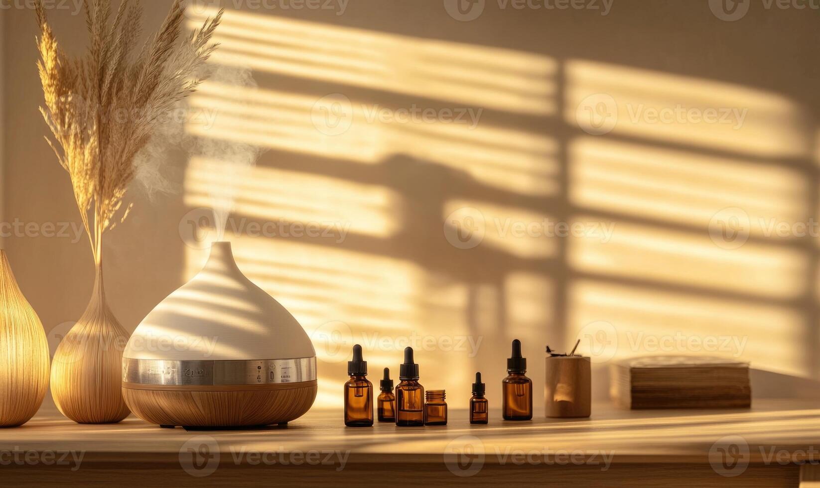 A table with a diffuser, several bottles of essential oils, and a few vases photo
