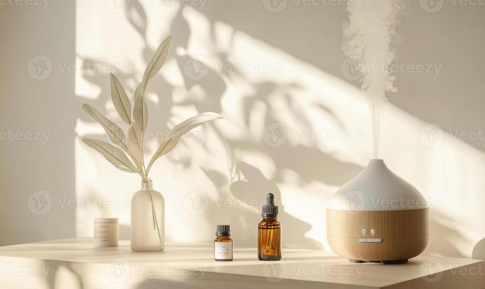 A vase with a plant in it sits on a table photo