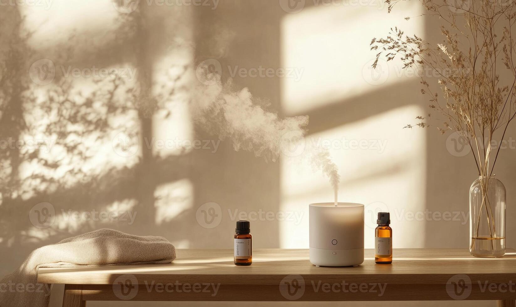 A table with a candle, a bottle of essential oil, and a vase of flowers photo