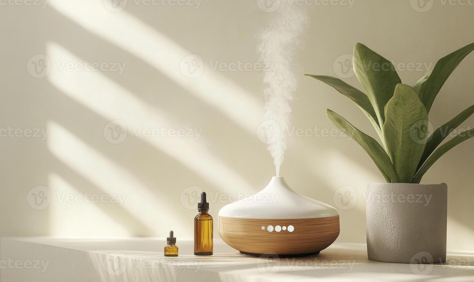 A small vase with a plant in it sits on a table photo