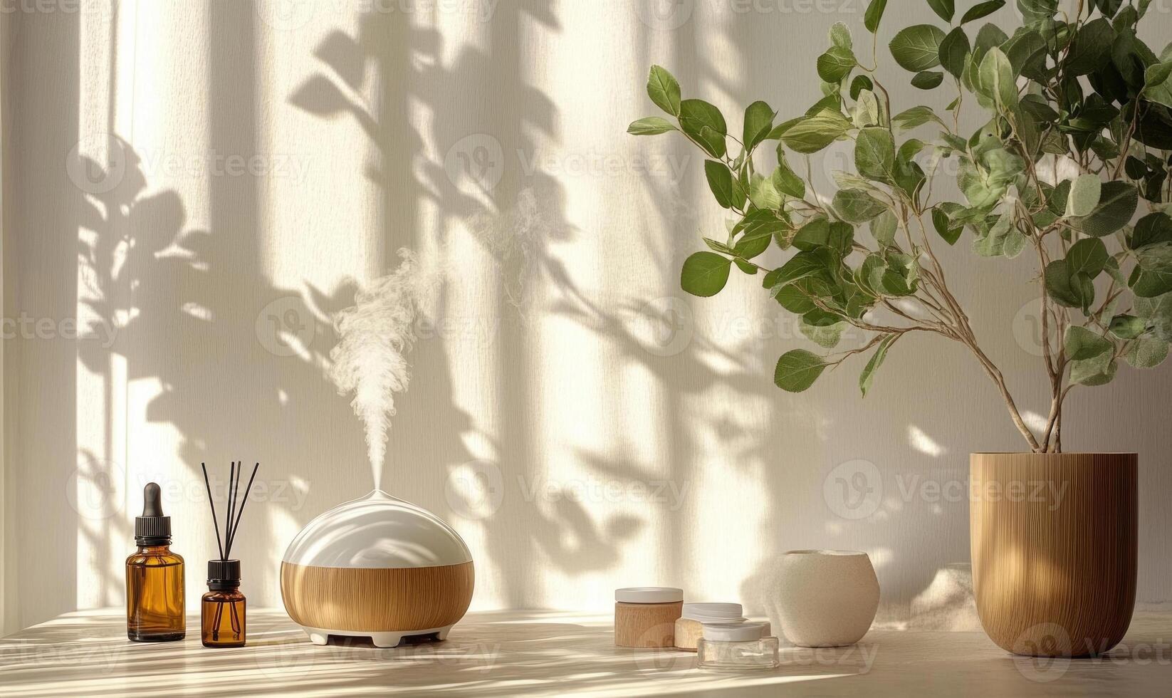 A white wall with a plant and a diffuser on it photo