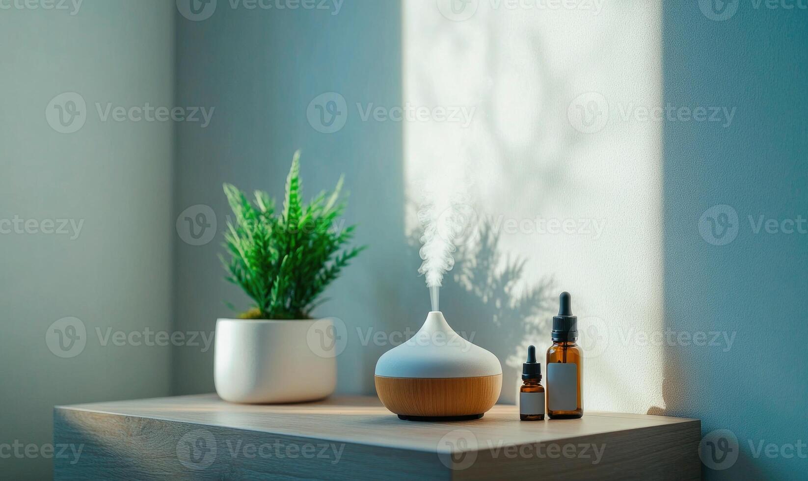 A white diffuser sits on a wooden shelf next to two bottles photo