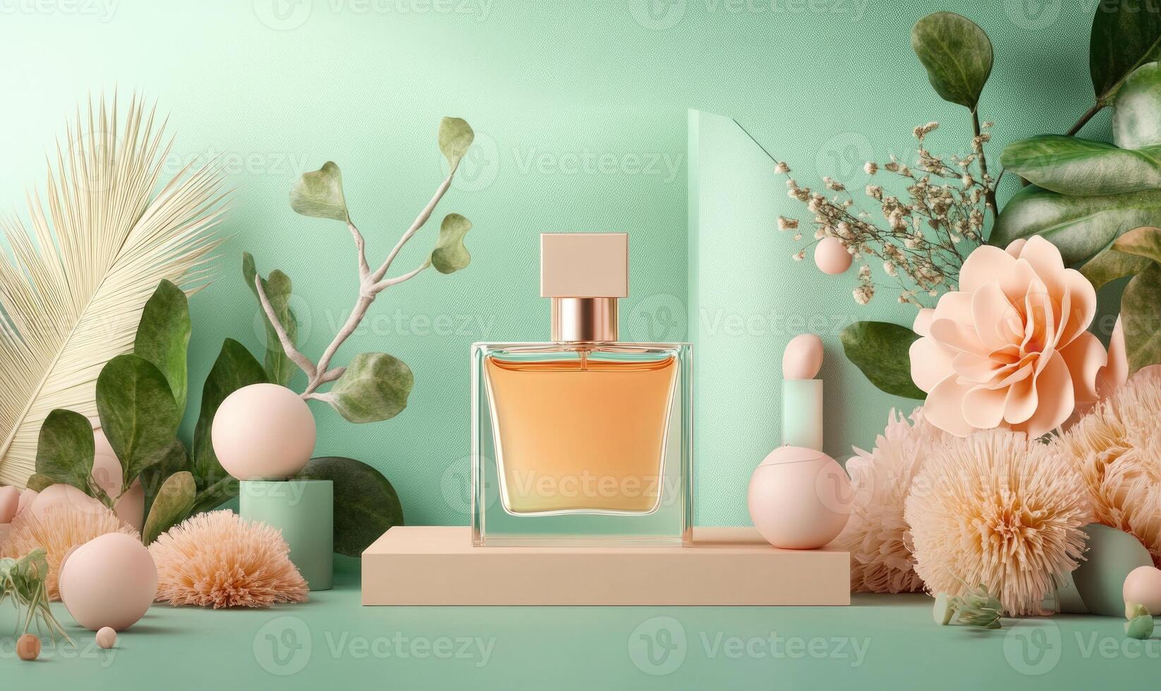 A bottle of perfume on a table with flowers photo