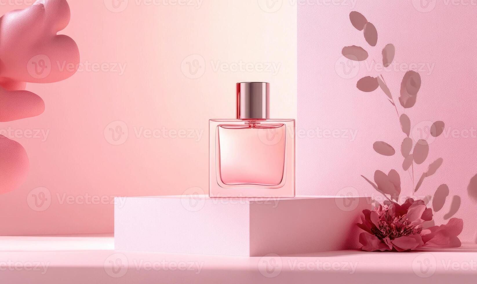 A bottle of perfume on a table pink background photo