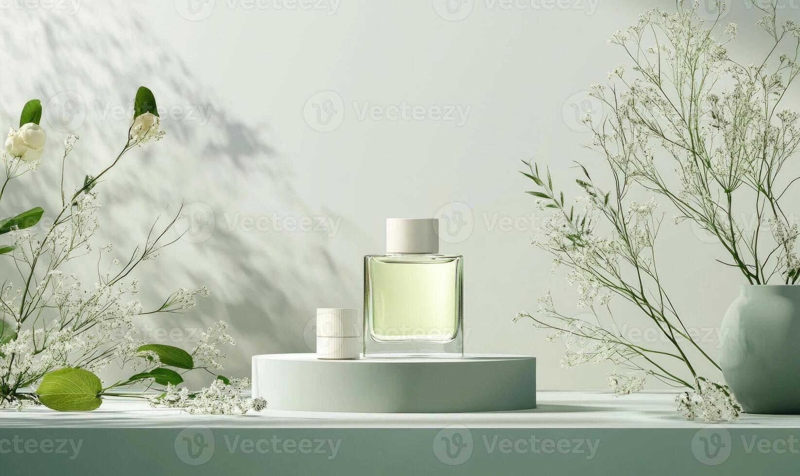 A bottle of perfume on a table next to a vase of flowers photo