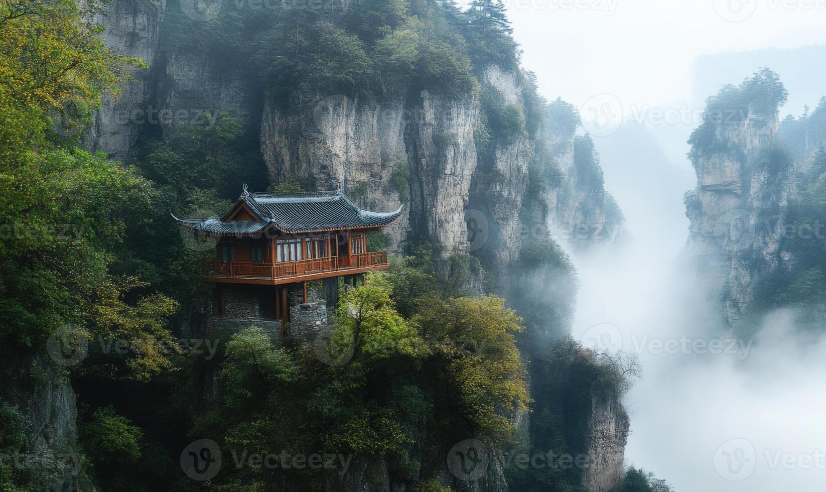 A small house is on a mountain photo