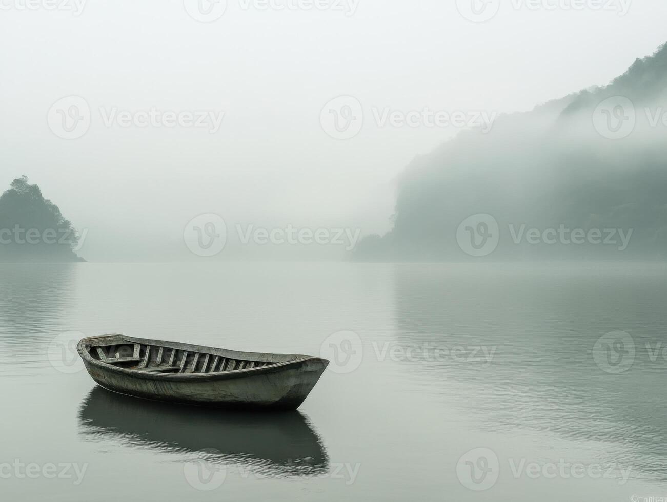 Misty Morning Scene with Abandoned Boat on a Calm Lake photo