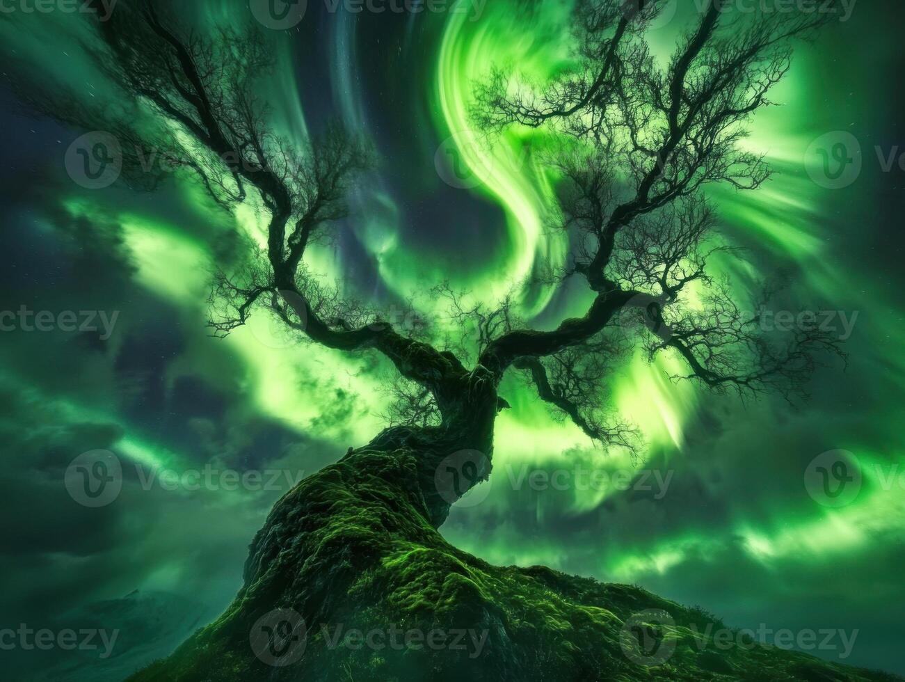 Majestic Tree Under a Vibrant Green Aurora Borealis photo