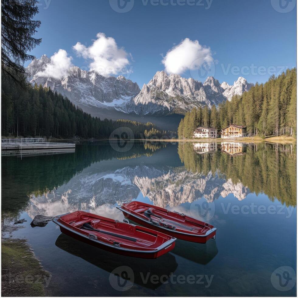 Stunning Alpine Lake Reflection with Red Boats and Majestic Mountains photo
