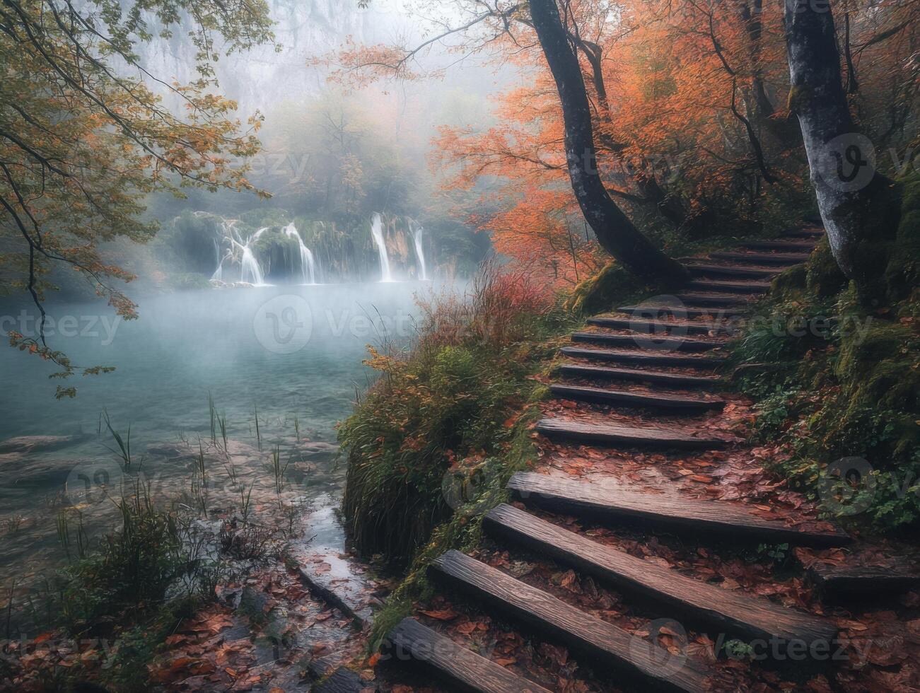 Serene Autumn Waterfall Trail in a Misty Forest photo