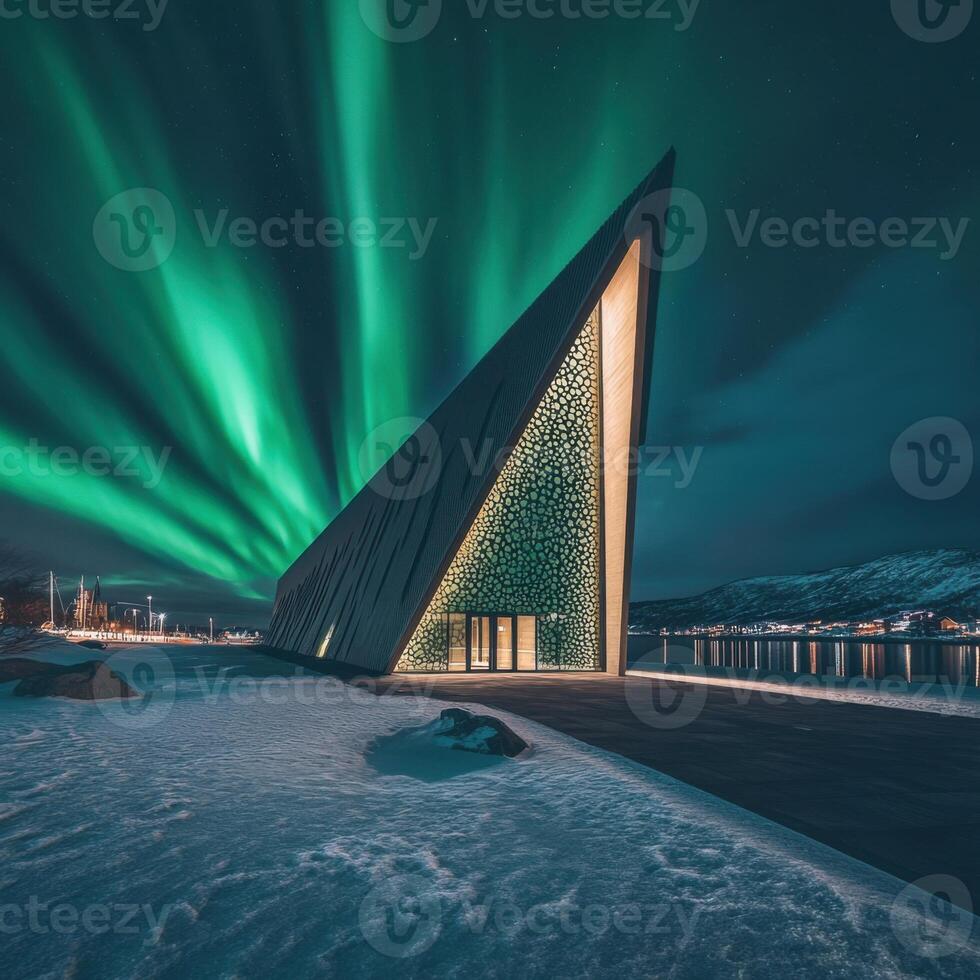 Aurora Borealis Illuminates Modern Architecture in Arctic Town photo