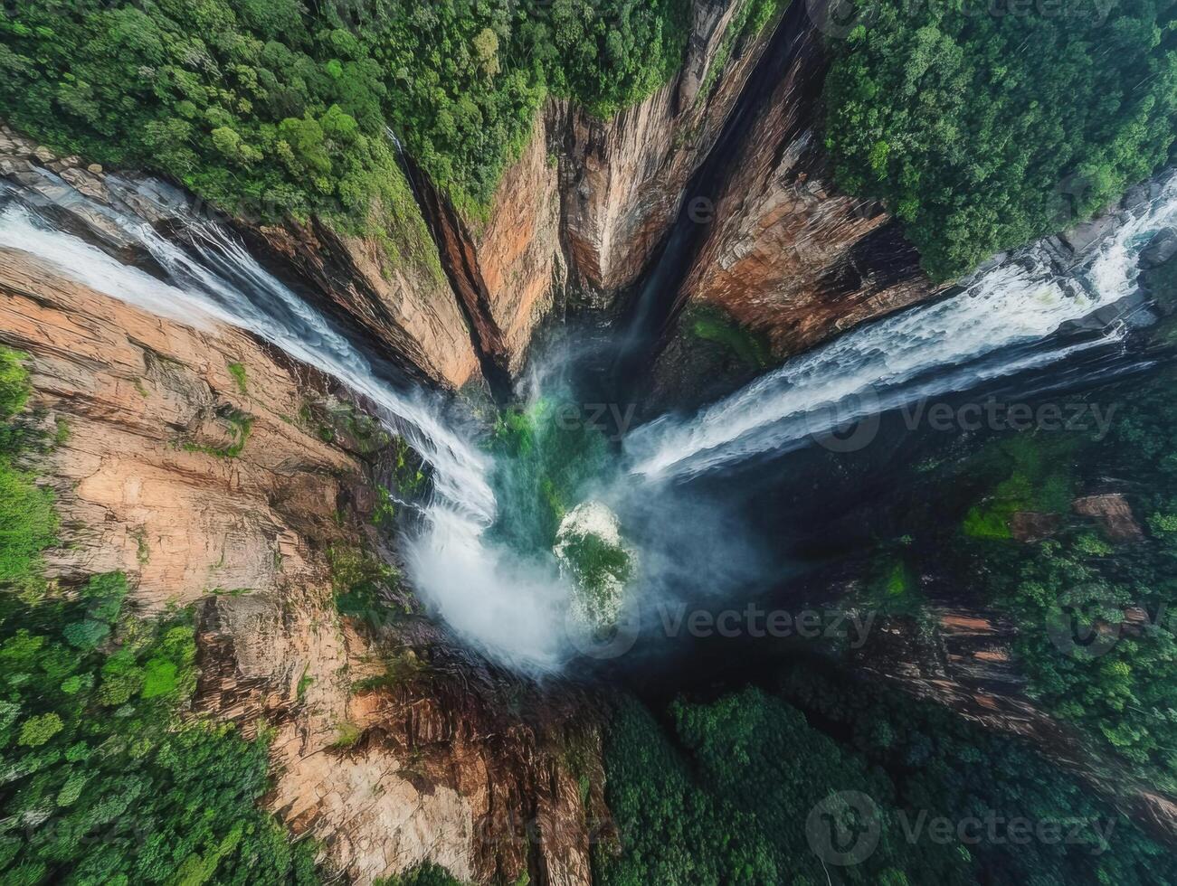 Aerial View of a Majestic Waterfall Cascading Through Lush Rainforest photo